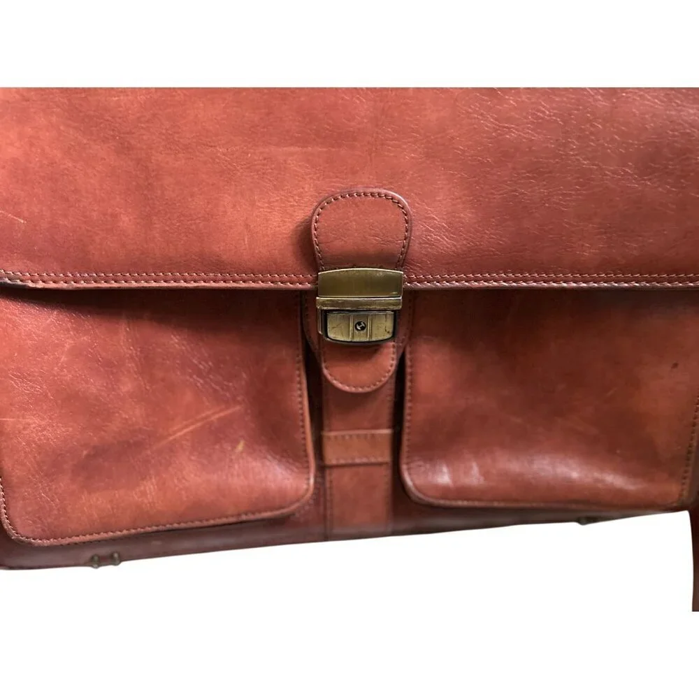 Vintage Orna Brown Leather Briefcase With Detachable Strap & Brass Hardware